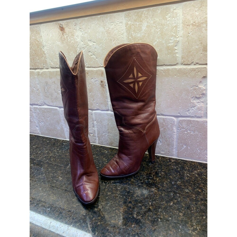 Caressa 70’s Vintage Heeled Boots Brown Leather 7.5 Narrow - Picture 2 of 10